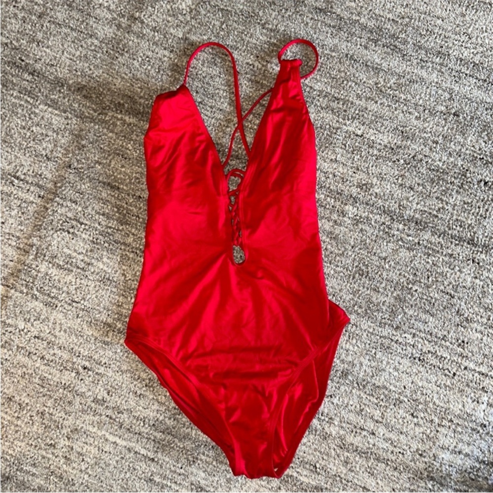 LA BLANCA Red Plunging V-Neck with Lace-Up Front One-Piece Swimsuit